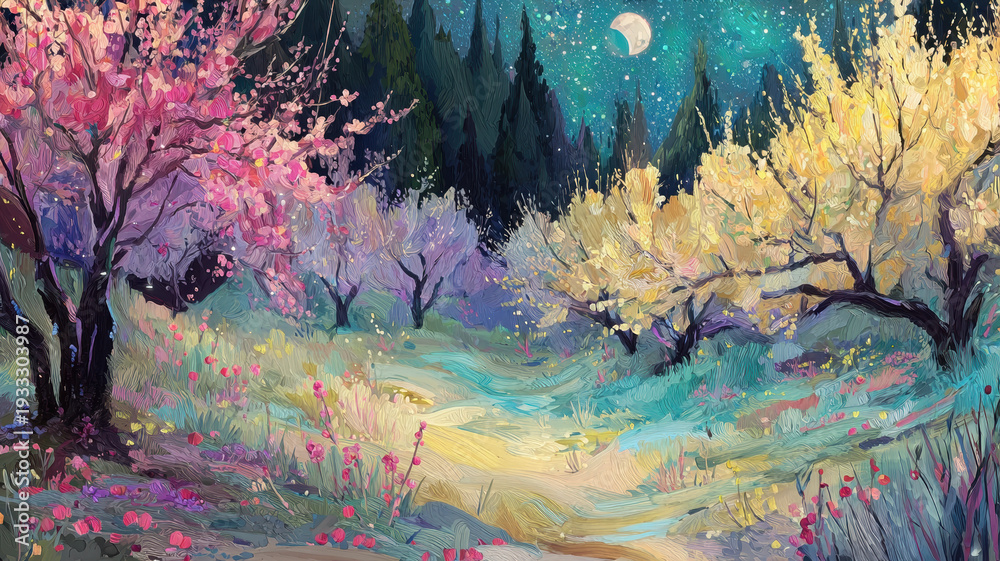 Obraz premium Impressionist Spring Orchard Pathway Blossoming Pink Trees Warm Golden Light Dreamy Romantic Painting