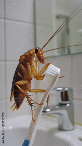 Cockroach on toothbrush in bathroom with sink and mirror