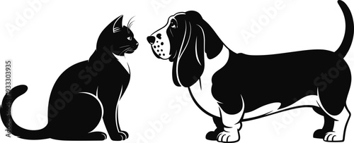 Cat and dog silhouette facing each other, depicting domestic pet rivalry and companionship, isolated animal illustration representing friendship, contrast, and household pets concept