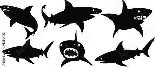 Collection of shark silhouettes in various poses, featuring fierce ocean predators with sharp teeth, isolated marine animal icons for wildlife, danger, and sea life concepts