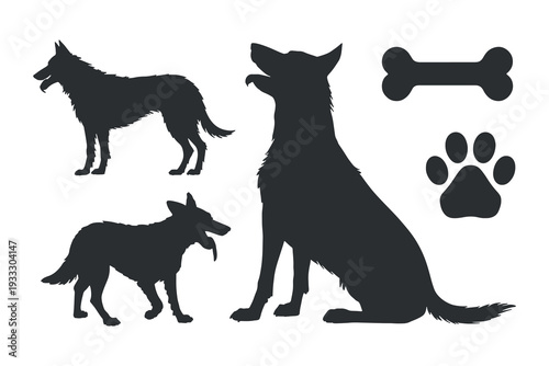 German Shepherd Dog Silhouette Set with Paw and Bone Icons