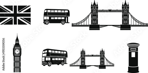 London city landmarks icon set featuring silhouette vectors of Big Ben, Tower Bridge, double-decker bus, UK flag, and post box.