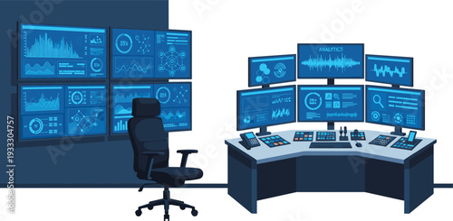 Modern Data Center Control Room with Multiple Monitors, Analytics Dashboard Screens, Professional Command Station Desk, Ergonomic Office Chair, and Tech Infrastructure