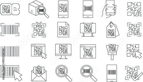 Qr code editable stroke outline icons set. Qr Code template for mobile app, payment and discounts. Barcode. Mobile payment and quick response codes.