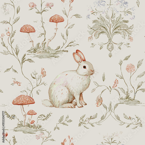 Romantic Rococo Easter Bunny Seamless Pattern with Amanita Mushrooms and Vintage Floral Botanical Design