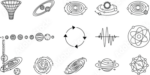 Minimalist Astronomy and Space Icon Set featuring Black Hole, Solar System, Planets, Galaxy Spiral, Orbit, Atom, Sound Wave, and Geometry