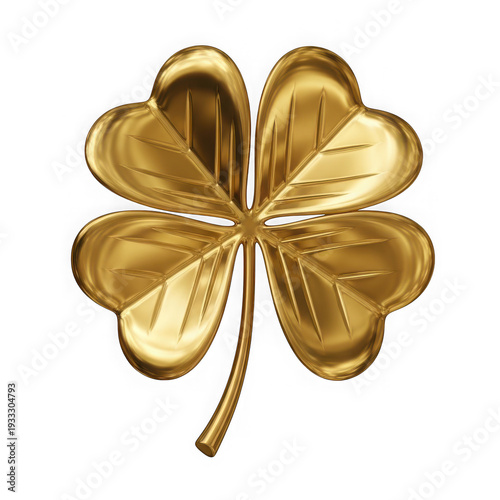 A golden four leaf clover on a white background isolated on transparent background, PNG