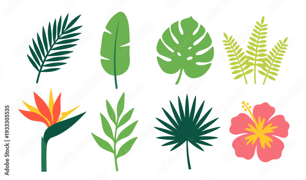Naklejka premium Tropical leaves and exotic plant flat icons set, jungle palm monstera foliage botanical collection on transparent background