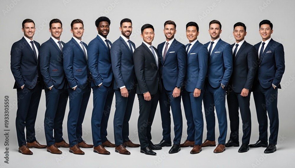Fototapeta premium Group of Eleven Diverse Businessmen in Blue Suits Standing Together