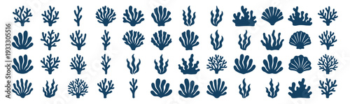 Coral reef and seaweed silhouette icons set, marine underwater ocean aquatic plants collection on transparent background