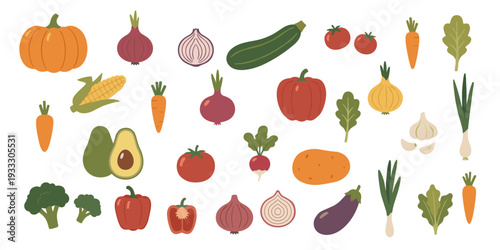 Fresh vegetable flat icons set, organic healthy farm food tomato carrot pumpkin onion and broccoli collection on transparent background