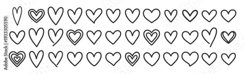 Heart outline icons bundle, love romance valentine romantic hand drawn simple symbols on transparent background