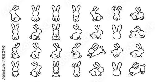 Rabbit bunny outline icons bundle, cute easter animal red line character set on transparent background