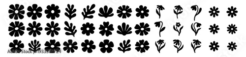 Black floral silhouette icons set, flower blossom plant botanical simple decorative collection on transparent background