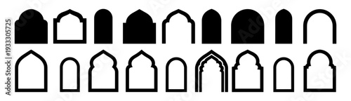 Islamic arch window and doorway icons set, arabic oriental mosque architecture decorative frames on transparent background