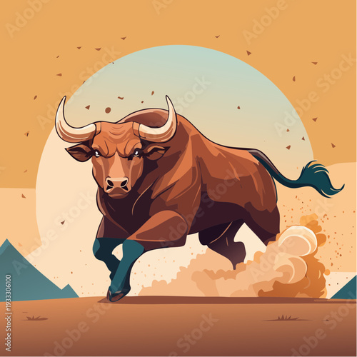 A muscular bull charging, head lowered and horns aimed forward, its body built for strength