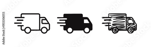 Fast Delivery Truck Icons Set with Outline, Solid, and Hand-Drawn Styles on White Background