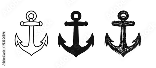 Anchor Icon Set - Nautical, Marine, Outline, Solid, and Hand-Drawn Styles