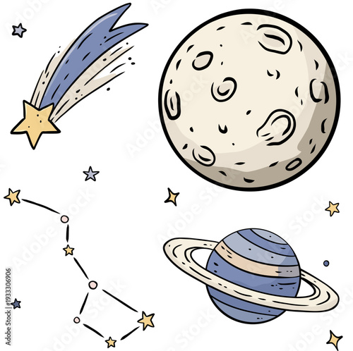 Cute space elements with comet, moon, saturn and constellation in outer space, perfect for kids coloring page, nursery wall art