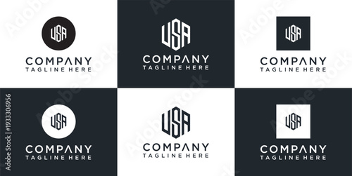 Set of modern company logos with abstract geometric designs and typography.