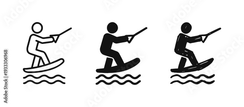 Wakeboarding Water Sport Icons Set with Outline, Solid, and Hand-Drawn Styles on White Background