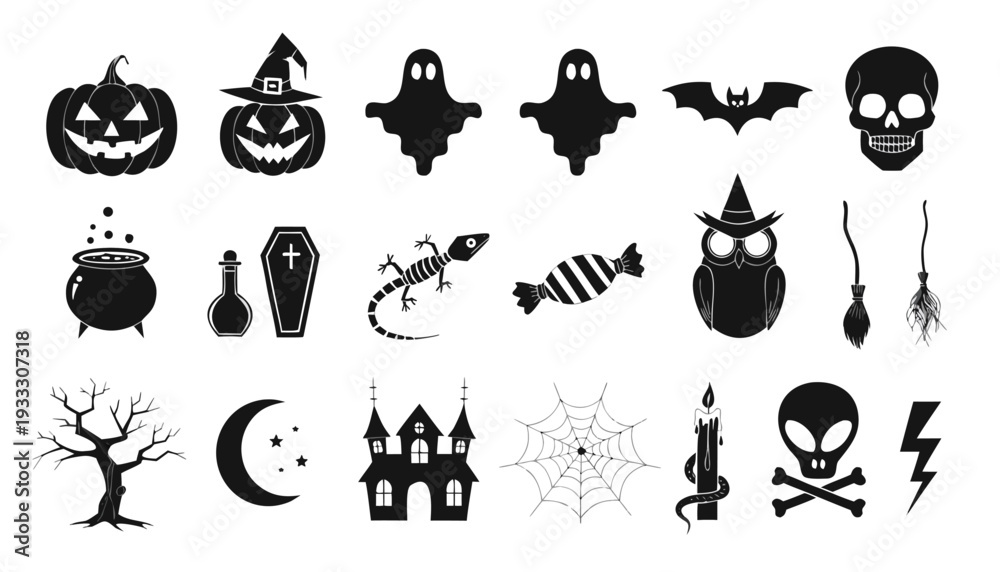Fototapeta premium Collection of black and white Halloween featuring pumpkins ghosts bats skulls cauldrons coffins... d