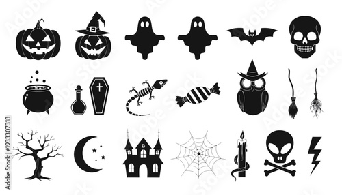 Collection of black and white Halloween featuring pumpkins ghosts bats skulls cauldrons coffins... d