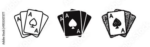 Three styles of playing cards icons, poker, aces, outline, glyph, and hand-drawn designs.