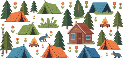 Camping icons set with tents trees cabin campfire and animals for outdoor adventure and recreation theme.
