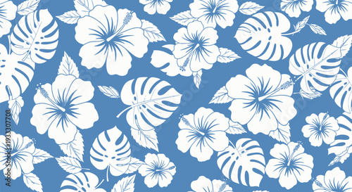 Seamless pattern of white tropical flowers on blue background.
