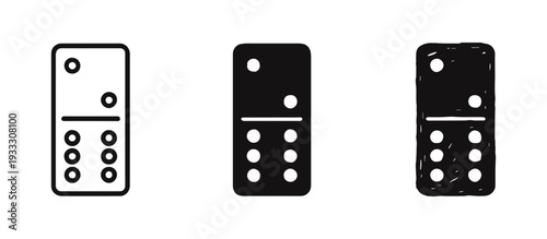 Domino game piece with zero and six dots icons set in outline, glyph, and hand-drawn styles. Board game symbol.
