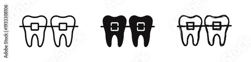 Dental braces on teeth icons set in outline, glyph, and hand-drawn styles. Orthodontic treatment symbol on white.