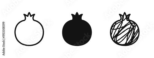 Pomegranate fruit icons set in outline, glyph, and hand-drawn styles. Healthy and exotic fruit symbol on white.