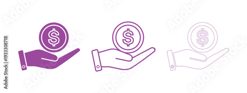 Three hands holding dollar coins in purple gradient