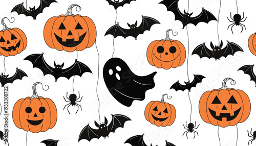 Seamless Halloween Pattern of Jack-o-Lanterns Bats and Spiders on White d
