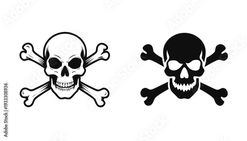 Two skull and crossbones symbols one in black silhouette and one in white outline on a white... desi
