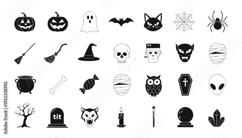 Variety Of Halloween Themed In Black Silhouette Including Pumpkins Ghosts Bats Cats Spiders