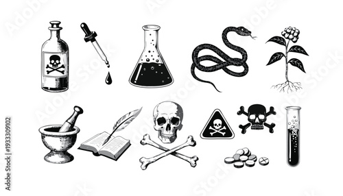 Vintage scientific and occult symbols including a skull and crossbones poison bottle a dropper a