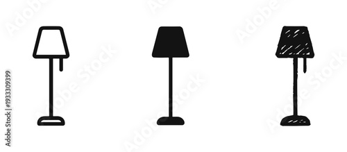 Floor Lamp Icons Set: Outline, Solid, and Hand-Drawn Styles for Interior Lighting