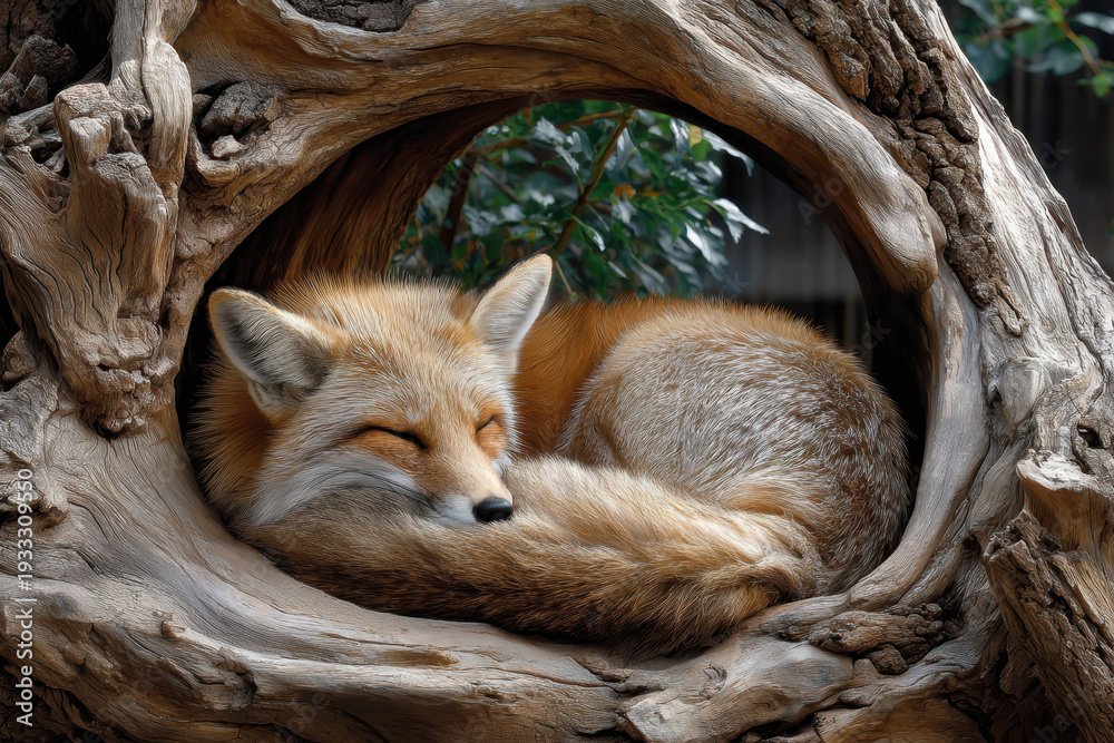 Obraz premium Fox resting comfortably in a hollowed tree during a sunny afternoon in nature