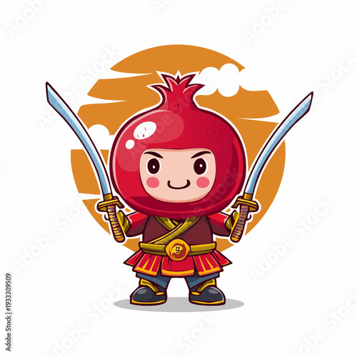 pomegranate mascot as samurai warrior, traditional armor, katana, dramatic pose