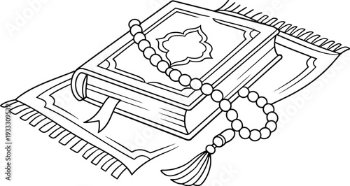 Quran book and prayer beads on prayer mat black and white vector illustration