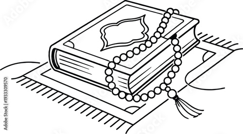 Quran book and prayer beads on a prayer mat vector illustration