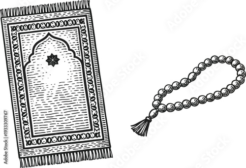 Islamic prayer rug and rosary beads vector illustration