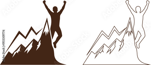 A person standing on a mountain peak with arms raised in triumph isolated on transparent background