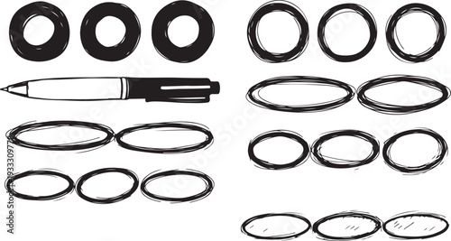 Hand Drawn Black Pen Doodle Set: Scribble Circles, Ovals, and Highlight Frames