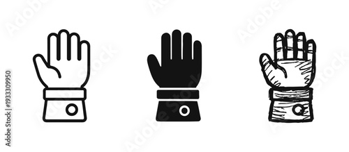 Hand with Glove Icons Set: Outline, Solid, and Hand-Drawn Styles for Protection or Formal Wear
