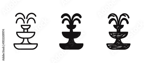 Water fountain icon set. Outdoor park sculpture symbol in line, glyph and doodle style. Garden decoration element illustration.