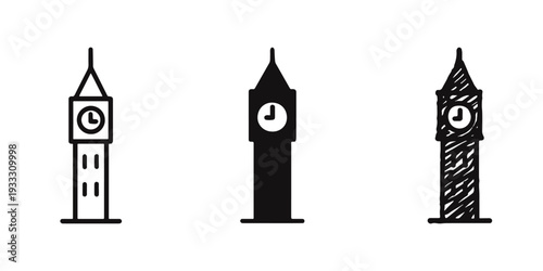 Clock tower icon set. Big Ben or landmark building symbol in line, solid and doodle style. Time and architecture illustration.