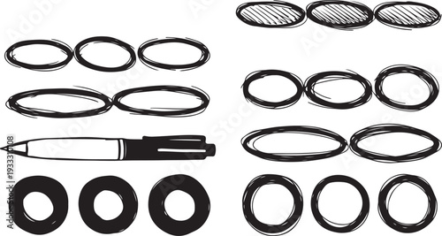 Hand Drawn Black Pen Doodle Set: Scribble Circles, Ovals, and Highlight Frames